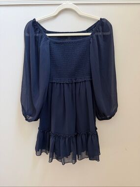 Katie J NYC Navy Balloon Sleeve Smocked Chiffon Dress Sz L